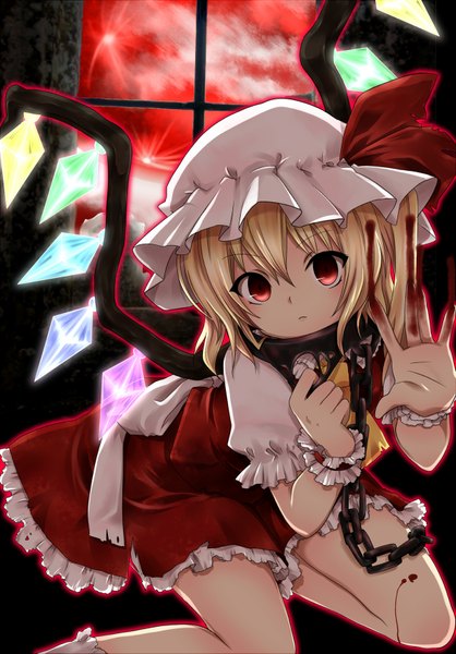 Anime picture 1200x1721 with touhou flandre scarlet kabushiki souko (artist) tall image short hair blonde hair red eyes red moon girl wings chain bonnet crystal