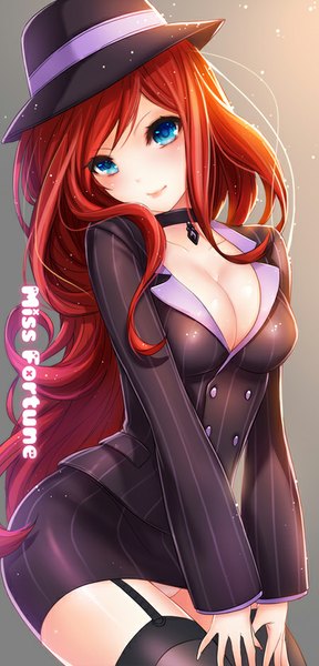 Anime picture 450x937 with league of legends miss fortune (league of legends) keikazz single long hair tall image blush breasts blue eyes light erotic smile red hair leaning leaning forward striped girl thighhighs skirt underwear panties