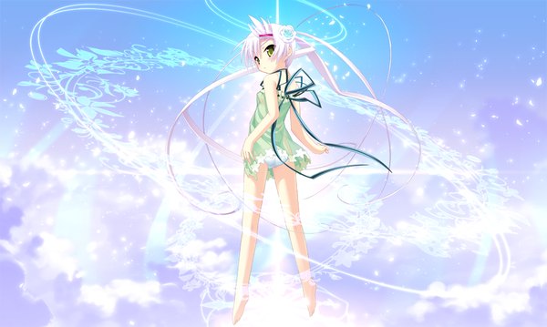Anime picture 1024x614 with twinkle crusaders twinkle crusaders -passion star stream- illear long hair light erotic wide image twintails green eyes game cg cleavage white hair barefoot hair flower girl hair ornament underwear panties ribbon (ribbons) hairclip