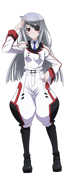 Anime picture 3220x8502 with infinite stratos 8bit laura bodewig dekodere single long hair tall image highres red eyes absurdres grey hair transparent background vector salute girl shoes eyepatch suit