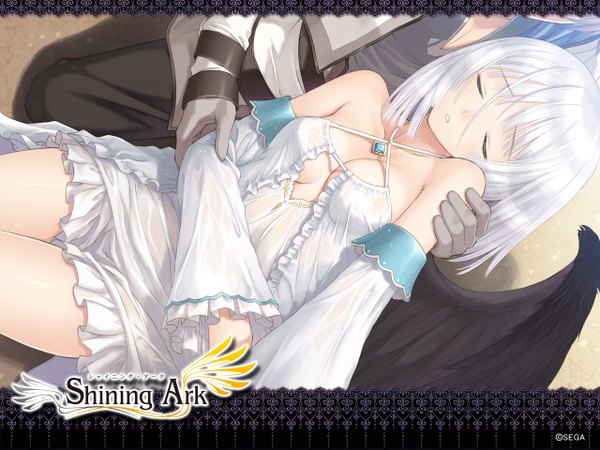 Anime picture 1280x960 with shining (series) shining ark panis angelicus fried karim tony taka short hair breasts light erotic white hair eyes closed copyright name sleeping hand on another's shoulder girl dress boy detached sleeves wings