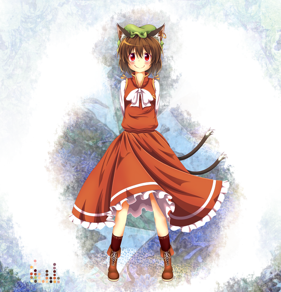 Anime picture 2550x2650 with touhou chen tall image blush highres smile red eyes brown hair animal ears tail cat ears girl hat