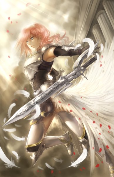Anime picture 776x1200 with final fantasy final fantasy xiii square enix lightning farron f-wd single long hair tall image blue eyes pink hair sunlight armpit (armpits) girl gloves weapon petals sword armor building (buildings) feather (feathers)
