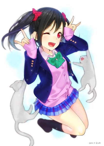 Anime picture 784x1100 with love live! school idol project sunrise (studio) love live! yazawa nico ama mitsuki single long hair tall image looking at viewer open mouth black hair red eyes twintails plaid skirt jumping mmm girl skirt uniform ribbon (ribbons)