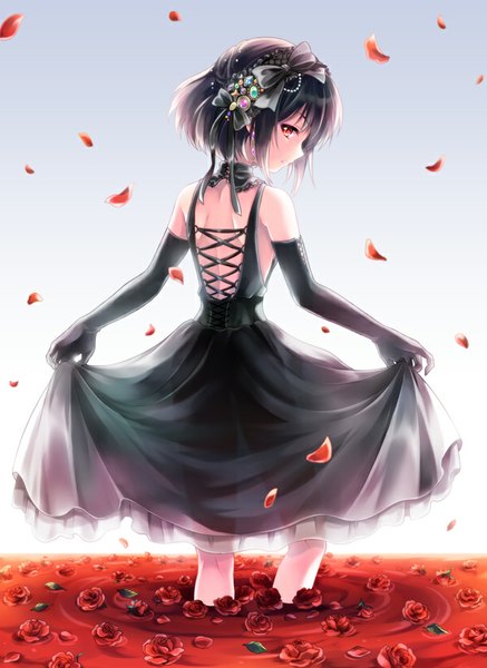 Anime picture 600x823 with b.a.d. mayuzumi azaka kona (canaria) single tall image short hair black hair simple background red eyes looking back lips girl dress gloves hair ornament flower (flowers) bow hair bow earrings petals