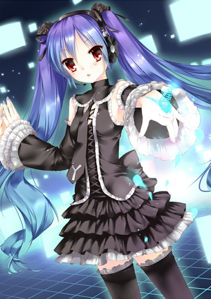 Anime picture 760x1075 with project diva vocaloid hatsune miku karase (shell shelter) single long hair tall image open mouth red eyes twintails blue hair girl thighhighs dress black thighhighs detached sleeves headphones