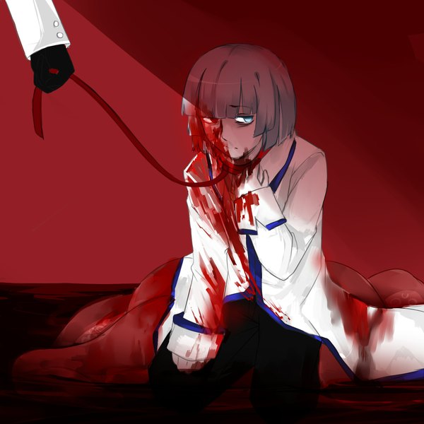 Anime picture 2000x2000 with wadanohara and the great blue sea fukami bioshitto fringe highres short hair blue eyes sitting blue hair looking away red background blood on face bleeding boy gloves white gloves blood collar tentacles lead