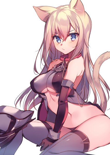 Anime picture 569x800 with kantai collection bismarck battleship kureaki (exit) single long hair tall image looking at viewer blush fringe breasts blue eyes light erotic simple background brown hair white background sitting bare shoulders animal ears bent knee (knees) tail