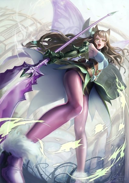 Anime picture 724x1024 with puzzle & dragons valkyrie (p&d) zeroshiki kouichi single long hair tall image open mouth light erotic brown hair standing bare shoulders holding green eyes animal ears yellow eyes pointy ears teeth from below armpit (armpits) fang (fangs)