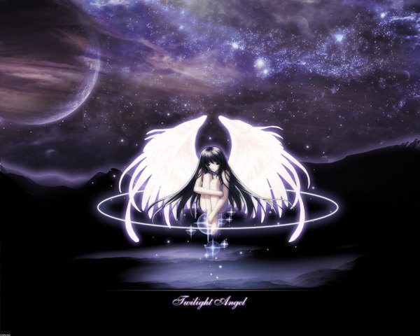 Anime picture 1280x1024 with you haruka long hair light erotic black hair sky black eyes wallpaper mountain third-party edit white wings space angel girl star (stars) planet