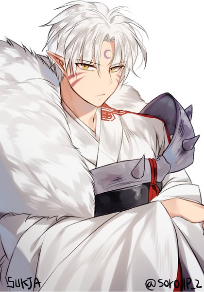 Anime picture 700x1000 with inuyasha sesshomaru sorolp single tall image looking at viewer short hair simple background white background signed yellow eyes white hair long sleeves traditional clothes japanese clothes pointy ears wide sleeves fur trim facial mark alternate hairstyle