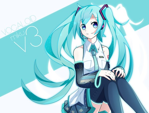 Anime picture 1420x1080 with vocaloid hatsune miku kent single smile sitting twintails bare shoulders looking away very long hair nail polish aqua eyes aqua hair character names aqua nail polish girl thighhighs black thighhighs detached sleeves headphones
