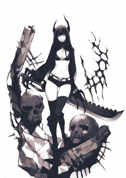 Anime picture 2106x2956 with black rock shooter black gold saw fishine single long hair tall image looking at viewer fringe highres breasts open mouth light erotic black hair cleavage blunt bangs horn (horns) midriff monochrome pale skin ruins