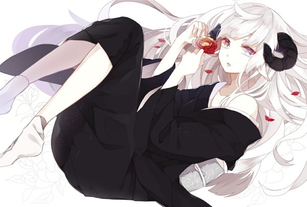 Anime picture 1183x800 with original recotasan single long hair looking at viewer simple background white background animal ears bent knee (knees) white hair traditional clothes japanese clothes horn (horns) grey eyes no shoes reclining white skin girl flower (flowers) petals