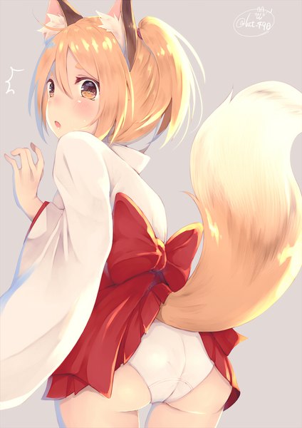 Anime picture 1412x2000 with original chita (ketchup) single tall image looking at viewer blush fringe short hair light erotic blonde hair hair between eyes brown eyes signed animal ears tail traditional clothes japanese clothes animal tail pleated skirt looking back
