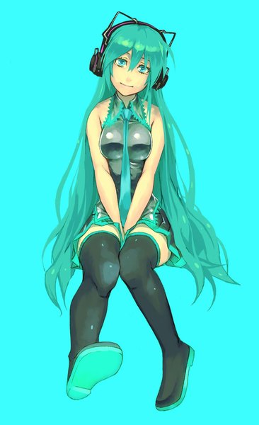 Anime picture 611x1000 with vocaloid hatsune miku yuuji (and) single long hair tall image looking at viewer simple background sitting twintails bare shoulders head tilt aqua eyes light smile aqua hair blue background soles knees touching girl dress