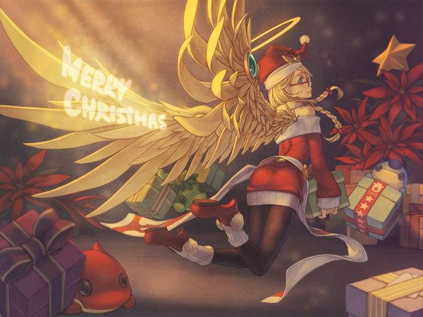 Anime picture 1600x1200 with original rotix single long hair blue eyes blonde hair braid (braids) looking back christmas merry christmas hat pantyhose wings glasses black pantyhose gift santa claus hat santa claus costume christmas present