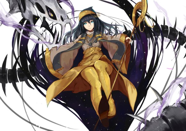 Anime picture 1500x1061 with original pixiv fantasia pixiv fantasia fallen kings yingji (zszero) single long hair looking at viewer blue eyes black hair white background skeleton girl thigh boots staff cap