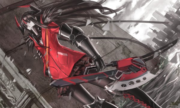 Anime picture 1500x904 with original pixiv fantasia pixiv fantasia fallen kings infukun single long hair black hair wide image looking away horn (horns) black eyes dutch angle city girl gloves weapon jacket armor building (buildings) knee boots