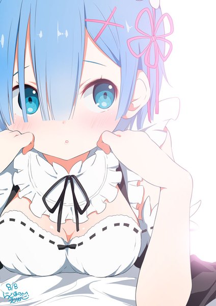 Anime picture 724x1024 with re:zero kara hajimeru isekai seikatsu white fox rem (re:zero) ragho no erika single tall image blush fringe short hair breasts hair between eyes large breasts signed blue hair looking away cleavage upper body blunt bangs parted lips aqua eyes