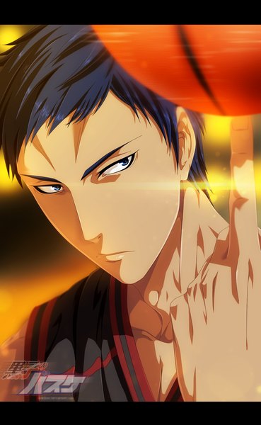 Anime picture 1524x2478 with kuroko no basket production i.g aomine daiki ironizer single tall image short hair blue eyes blue hair inscription coloring hieroglyph light letterboxed basketball boy uniform gym uniform ball basketball ball
