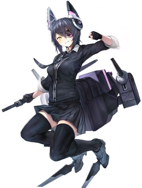 Anime picture 940x1238 with kantai collection tenryuu light cruiser usisan single tall image looking at viewer short hair black hair simple background white background yellow eyes zettai ryouiki grin weightlessness girl thighhighs skirt gloves weapon black thighhighs