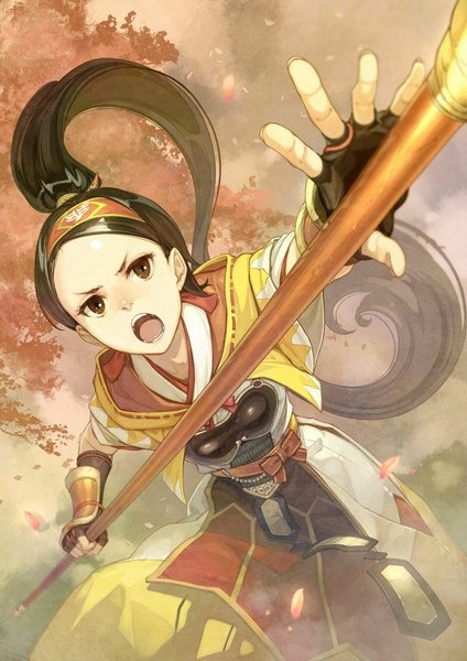 Anime picture 1448x2048 with toukiden reki toukiden hidari (left side) single long hair tall image open mouth standing holding brown eyes looking away ponytail very long hair traditional clothes japanese clothes outstretched arm fighting stance screaming attack girl