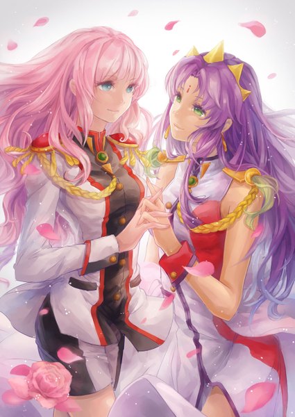 Anime picture 945x1334 with revolutionary girl utena j.c. staff tenjou utena himemiya anthy piyotama long hair tall image blue eyes simple background smile multiple girls green eyes pink hair purple hair very long hair light smile wind sleeveless holding hands face to face