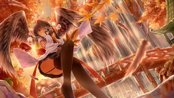 Anime picture 3040x1710 with touhou shameimaru aya xuanlin jingshuang single looking at viewer blush highres short hair light erotic black hair red eyes wide image crossed legs girl thighhighs skirt black thighhighs plant (plants) miniskirt wings