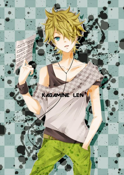 Anime picture 1500x2119 with vocaloid kagamine len nou single tall image fringe short hair blonde hair aqua eyes hair over one eye inscription character names hand in pocket checkered background boy headphones wire (wires) paper wristlet