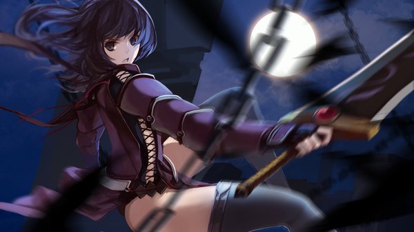 Anime picture 1322x743 with eiyuu densetsu tagme (character) swd3e2 single long hair looking at viewer open mouth brown hair wide image night grey eyes girl weapon sword armor thigh boots chain