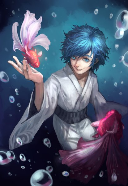 Anime picture 2336x3381 with vocaloid kaito (vocaloid) zhu zai feiren zai tiao single tall image looking at viewer highres short hair blue eyes smile blue hair traditional clothes japanese clothes underwater boy kimono bubble (bubbles) fish (fishes)