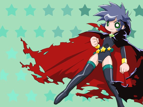 Anime picture 1440x1080 with powerpuff girls z toei animation powered buttercup matsubara kaoru tagme (artist) single looking at viewer short hair standing green eyes payot blue hair torn clothes serious green background spiked hair girl boots star (symbol) thigh boots