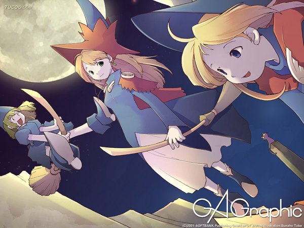 Anime picture 1024x768 with gagraphic tobe sunaho long hair short hair blue eyes blonde hair multiple girls green eyes signed night night sky copyright name flying witch broom riding girl dress hat animal 3 girls