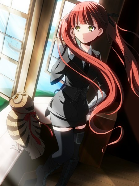 Anime picture 1400x1867 with arcana famiglia felicita suemizu yuzuki single long hair tall image fringe standing twintails green eyes red hair wind girl thighhighs ribbon (ribbons) black thighhighs hair ribbon animal necktie boots