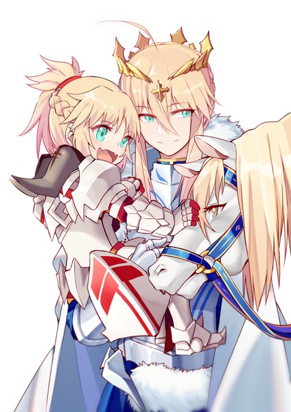 Anime picture 2308x3264 with fate (series) fate/grand order artoria pendragon (all) mordred (fate) artoria pendragon (lancer) yorukun long hair tall image looking at viewer fringe highres open mouth blue eyes simple background smile hair between eyes white background multiple girls pink hair braid (braids)