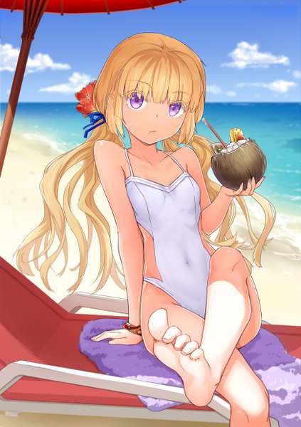 Anime picture 1748x2480 with original tianna single long hair tall image looking at viewer fringe highres breasts blonde hair purple eyes twintails holding sky barefoot hair flower arm support bare legs beach flat chest