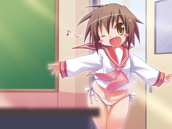 Anime picture 1600x1200 with lucky star kyoto animation kusakabe misao hirose madoka tail piece highres short hair light erotic brown hair yellow eyes one eye closed wink teeth fang (fangs) blush stickers girl uniform underwear panties school uniform