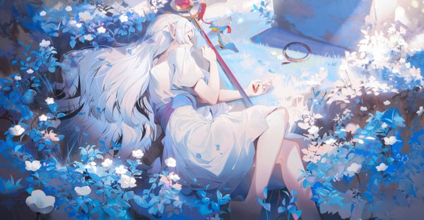 Anime picture 3688x1920 with sousou no frieren frieren ji dao ji single long hair highres wide image bent knee (knees) outdoors white hair lying eyes closed barefoot pointy ears on side on ground girl dress flower (flowers) plant (plants)