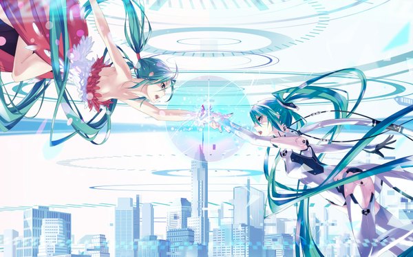 Anime picture 1638x1023 with vocaloid hatsune miku monq (artist) long hair open mouth wide image twintails bare shoulders cleavage very long hair profile aqua hair city cityscape girl dress