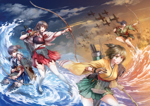 Anime picture 2480x1754 with kantai collection kaga aircraft carrier akagi aircraft carrier souryuu aircraft carrier hiryuu aircraft carrier haimerejzero long hair highres short hair blue eyes black hair twintails multiple girls brown eyes yellow eyes looking away ponytail traditional clothes japanese clothes tears