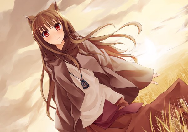 Anime picture 1273x900 with spice and wolf horo single long hair red eyes brown hair animal ears sky evening sunset wolf ears wolf girl girl