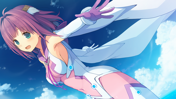 Anime picture 1280x720 with ao no kanata no four rhythm sprite (company) ichinose rika akinashi yuu single long hair looking at viewer blush fringe breasts open mouth blue eyes wide image large breasts standing game cg sky cloud (clouds) outdoors red hair