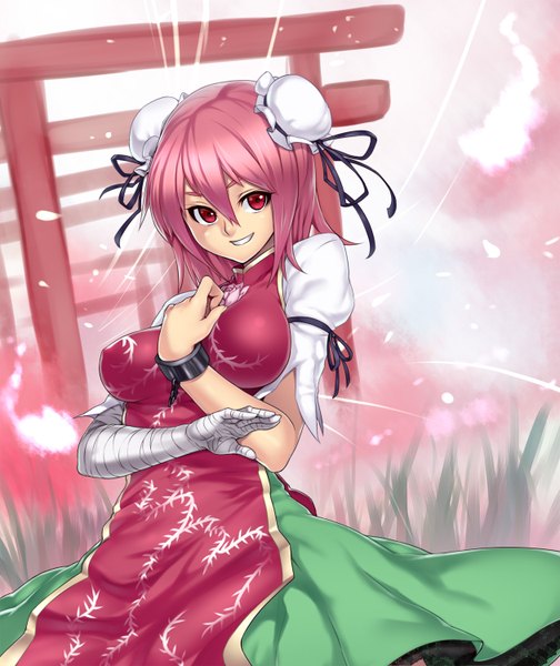 Anime picture 1260x1500 with touhou ibaraki kasen houtengeki single tall image short hair light erotic smile red eyes pink hair hair bun (hair buns) chinese clothes girl bandage (bandages) torii bun cover