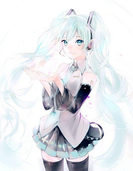 Anime picture 877x1125 with vocaloid hatsune miku lpip single tall image looking at viewer blue eyes simple background smile white background twintails blue hair very long hair pleated skirt tattoo zettai ryouiki girl thighhighs skirt black thighhighs