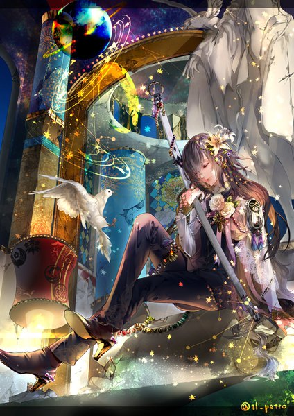 Anime picture 1300x1839 with touken ranbu nitroplus juzumaru tsunetsugu muse (rainforest) single tall image fringe black hair hair between eyes sitting signed eyes closed very long hair hair flower high heels ruins constellation boy flower (flowers) weapon