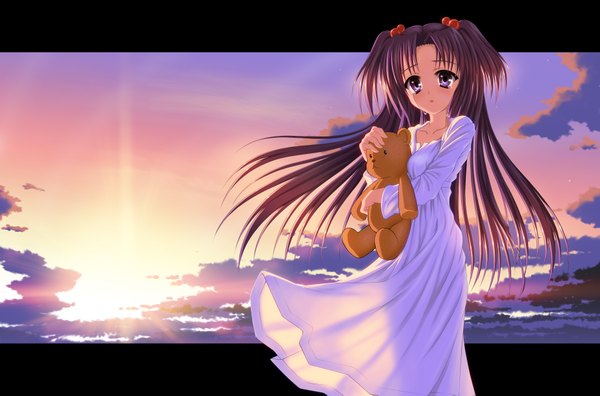 Anime picture 3700x2446 with clannad key (studio) ichinose kotomi oshou (artist) single long hair highres purple eyes absurdres purple hair cloud (clouds) two side up tears evening sunset girl dress hair ornament hair tie teddy bear