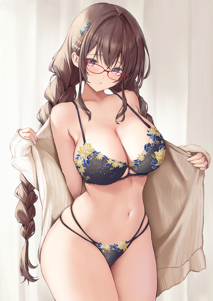 Anime picture 2894x4093 with original huziko32 single long hair tall image looking at viewer blush fringe highres breasts light erotic hair between eyes brown hair large breasts standing purple eyes payot indoors braid (braids) long sleeves