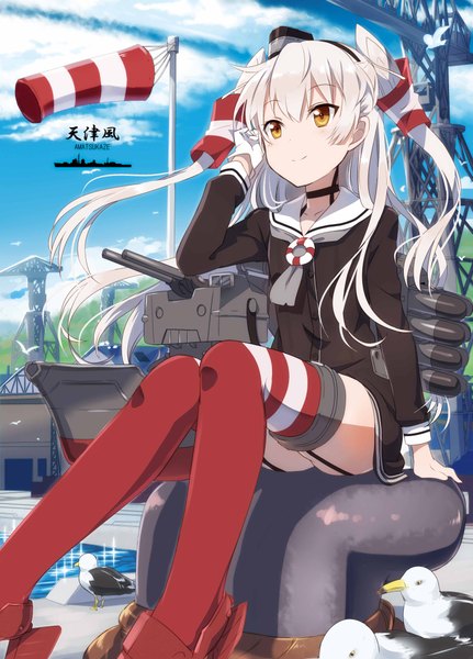 Anime picture 2976x4138 with kantai collection amatsukaze destroyer rensouhou-kun gotyou ayuyanaka no hito single long hair tall image highres sitting brown eyes looking away sky cloud (clouds) white hair two side up girl thighhighs weapon hat