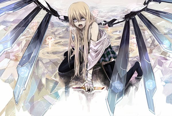 Anime picture 1189x806 with original shrimpman long hair open mouth blonde hair arm support no shoes zettai ryouiki tears kneeling saliva crying silver eyes mecha musume girl thighhighs skirt wings chain jewelry